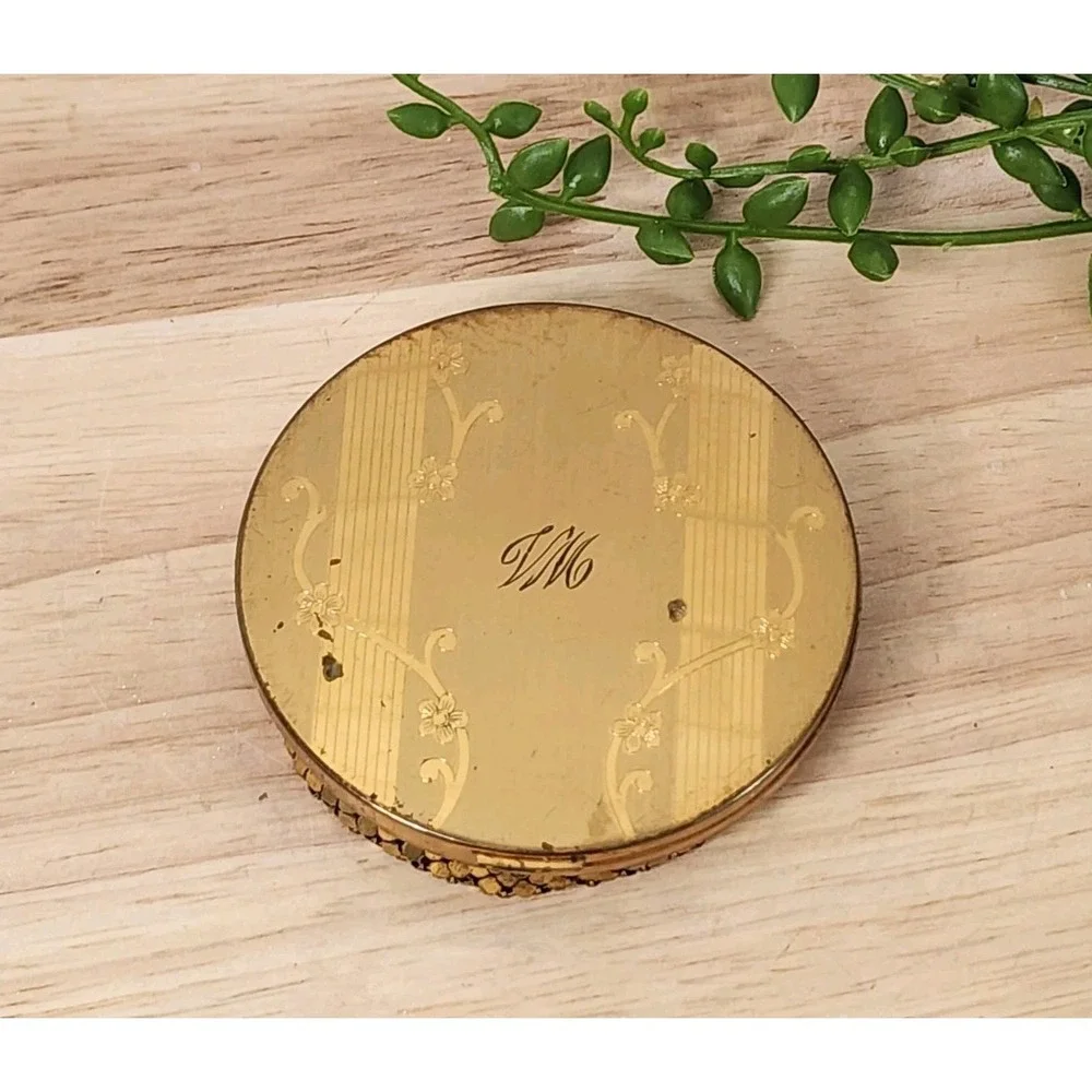 Vintage Elgin American Powder Compact Brass Mesh Signed‎ Puff 1950s
